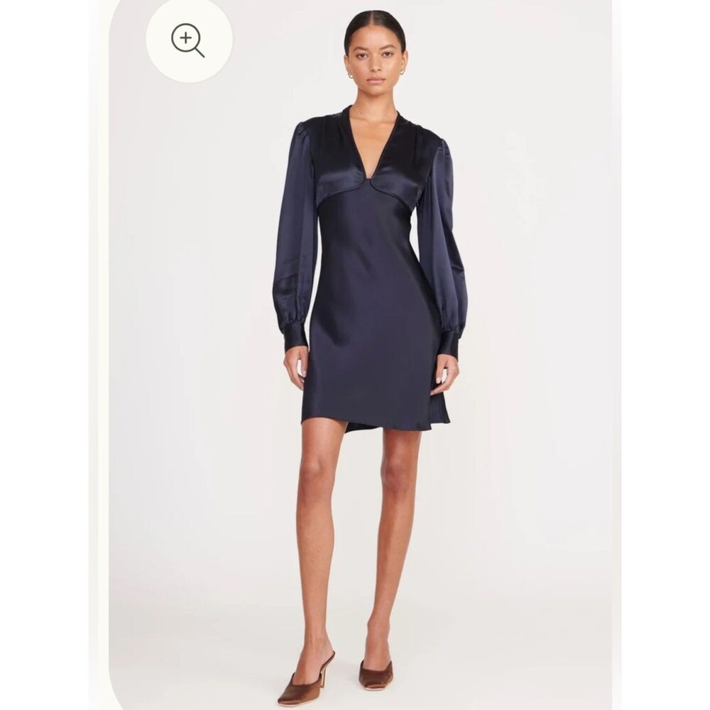 STAUD Navy Satin V-Neck Long-Sleeve Mini Dress